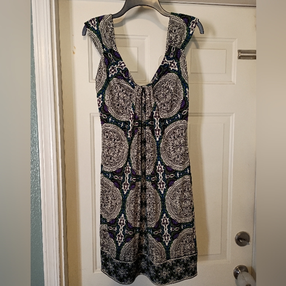 Dressbarn Black, White, & Green Medallion Dress with Purple Accents Size 12